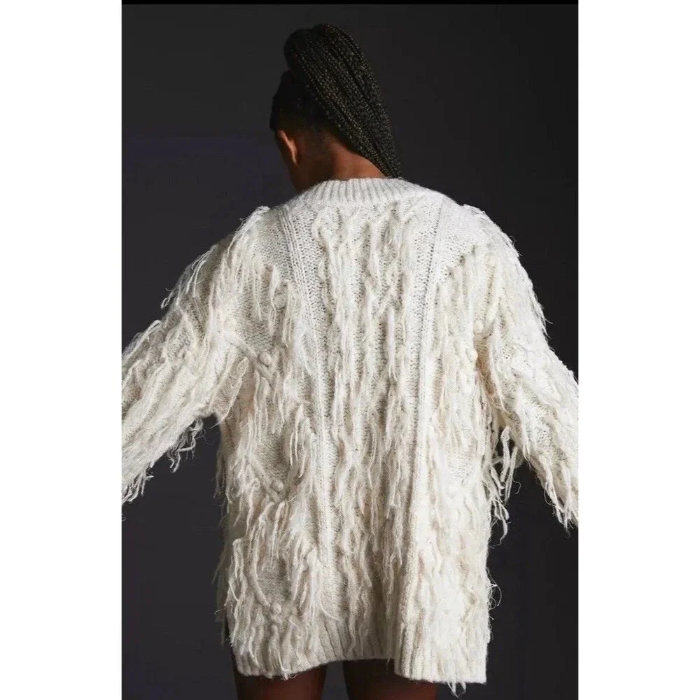Anthropologie Fringed Boho Pullover Oversized Ivory Preppy Sweater Top Sz M New